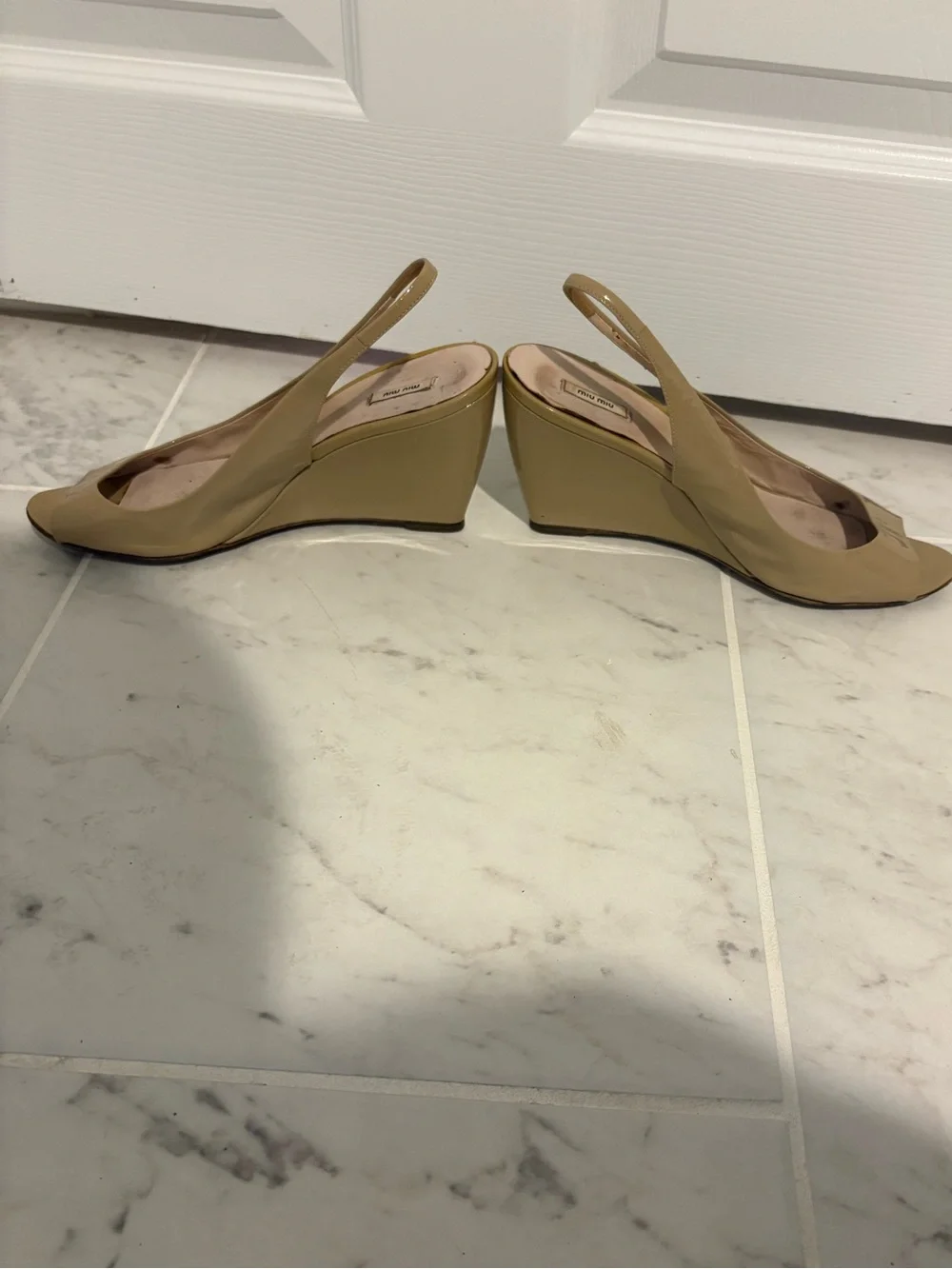 Miu Miu Tan Beige Peep Toe Wedge Slingback Heels